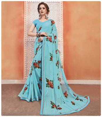 Blue printed georgette saree with blouse 1