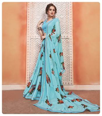 Blue printed georgette saree with blouse 2