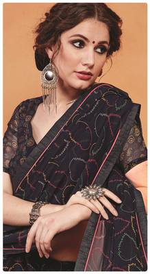 Black printed georgette saree with blouse 2