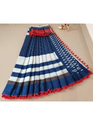 Blue Cotton Indigo Hand Block Printed Saree WIth Red Coloured Pompom Border  1