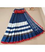 Blue Cotton Indigo Hand Block Printed Saree WIth Red Coloured Pompom Border 