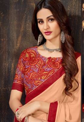 Peach printed chiffon saree with blouse 2