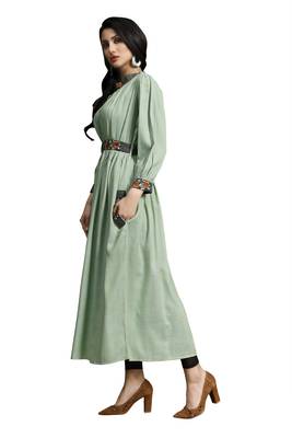 Blissta Women's Minit Green Namo Slub Embroidered Maxi Length Dress in Western Style 4