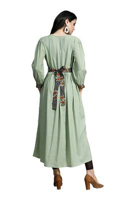 Blissta Women's Minit Green Namo Slub Embroidered Maxi Length Dress in Western Style 5