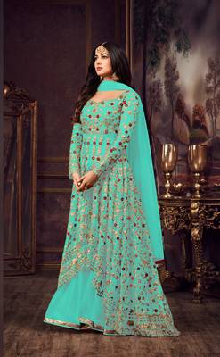 Turquoise embroidered net salwar 1