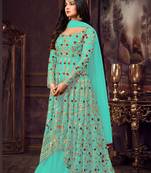 Turquoise embroidered net salwar