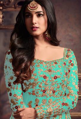 Turquoise embroidered net salwar 2