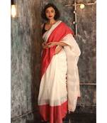 red and white collection linen saree with red blouse piece