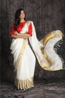 Red And White Collection Linen Saree With Red Blouse Piece