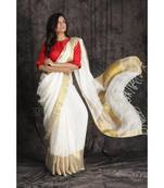 Red And White Collection Linen Saree With Red Blouse Piece