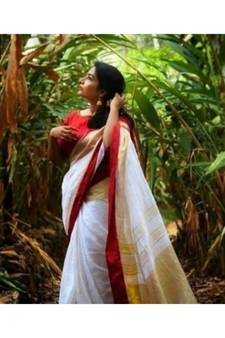 Red And White Collection Linen Saree With Red Blouse Piece