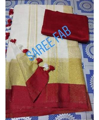 Red And White Collection Linen Saree With Red Blouse Piece 3
