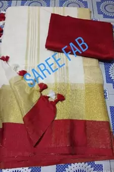 Red And White Collection Linen Saree With Red Blouse Piece