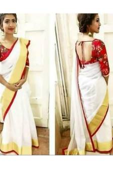 Red And White Collection Linen Saree With Red Blouse Piece