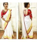 Red And White Collection Linen Saree With Red Blouse Piece