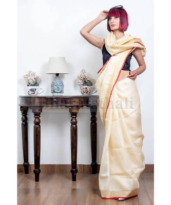 Red And White Collection Linen Saree With Red Blouse Piece 1