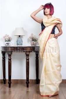 Red And White Collection Linen Saree With Red Blouse Piece
