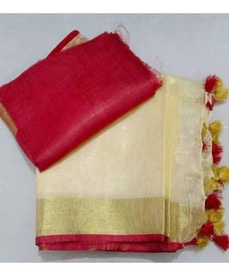 Red And White Collection Linen Saree With Red Blouse Piece 2
