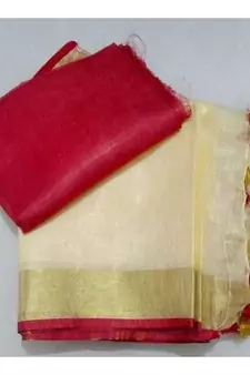 Red And White Collection Linen Saree With Red Blouse Piece