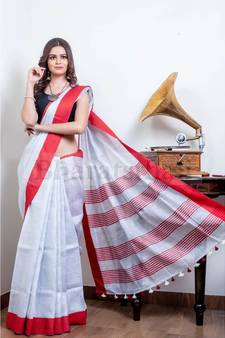 Red And White Collection Tissue Linen Saree With Red Blouse Piece