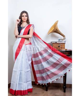 Red And White Collection Tissue Linen Saree With Red Blouse Piece 1