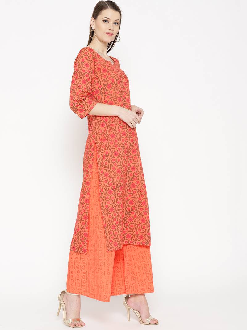 Orange Handblock Print Palazzo Suit Set