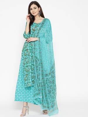Turquoise Handblock Print Palazzo Suit Set 1