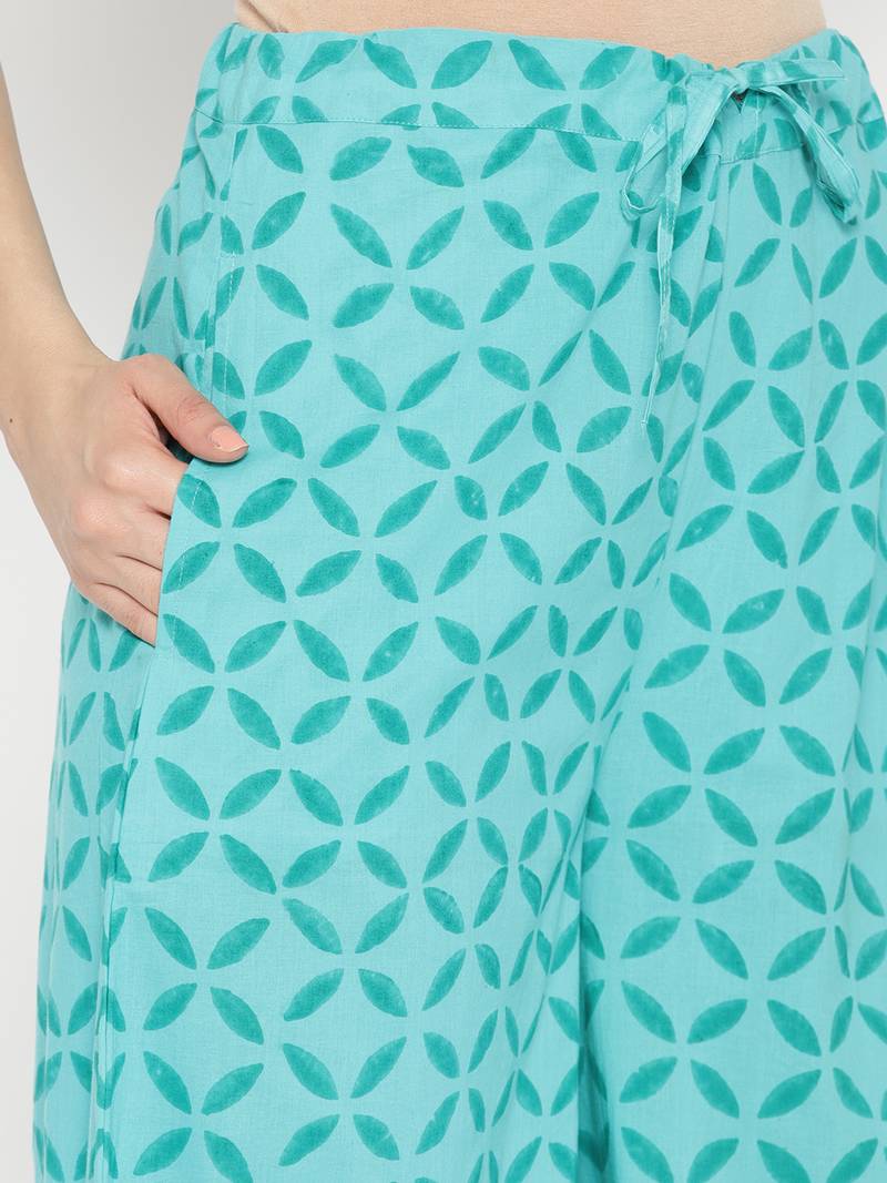 Turquoise Handblock Print Palazzo Suit Set