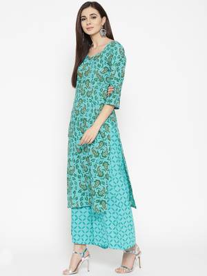Turquoise Handblock Print Palazzo Suit Set 5