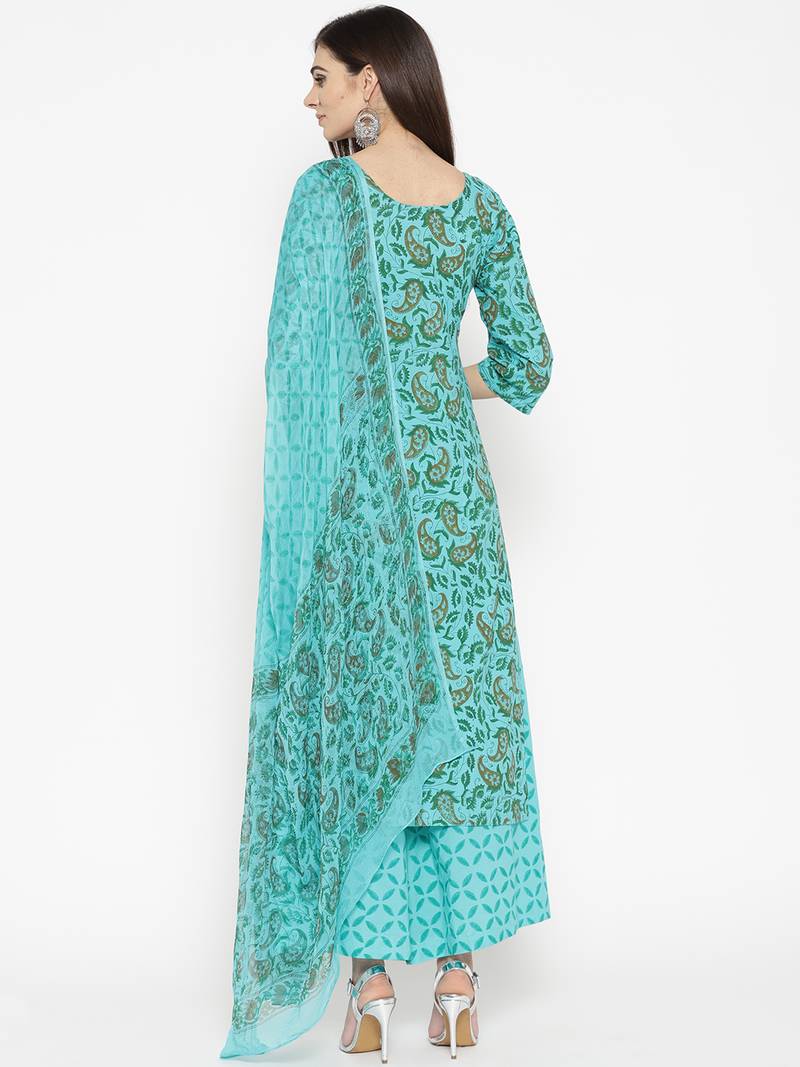 Turquoise Handblock Print Palazzo Suit Set