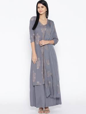 Grey Golden Handblock Print Palazzo Suit Set 1