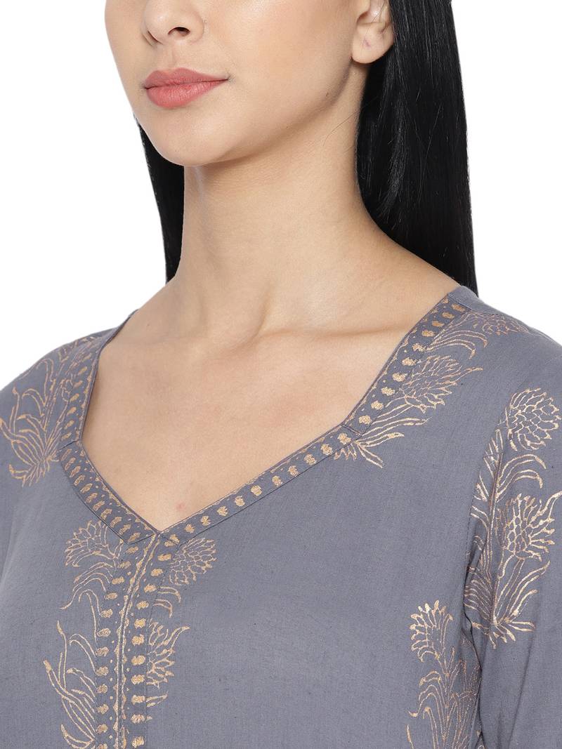 Grey Golden Handblock Print Palazzo Suit Set