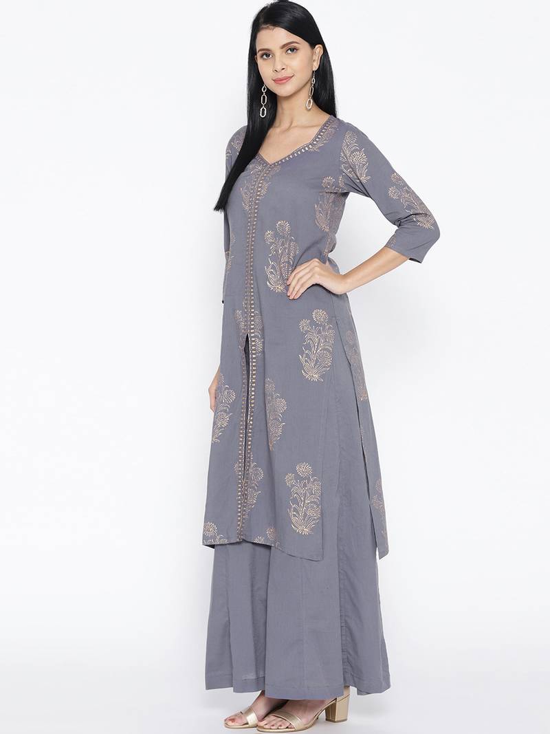 Grey Golden Handblock Print Palazzo Suit Set