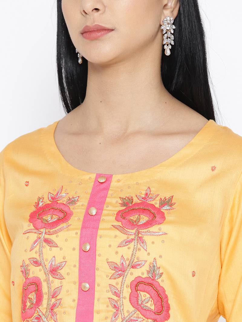 Yellow Gaji Silk Handwork Suit