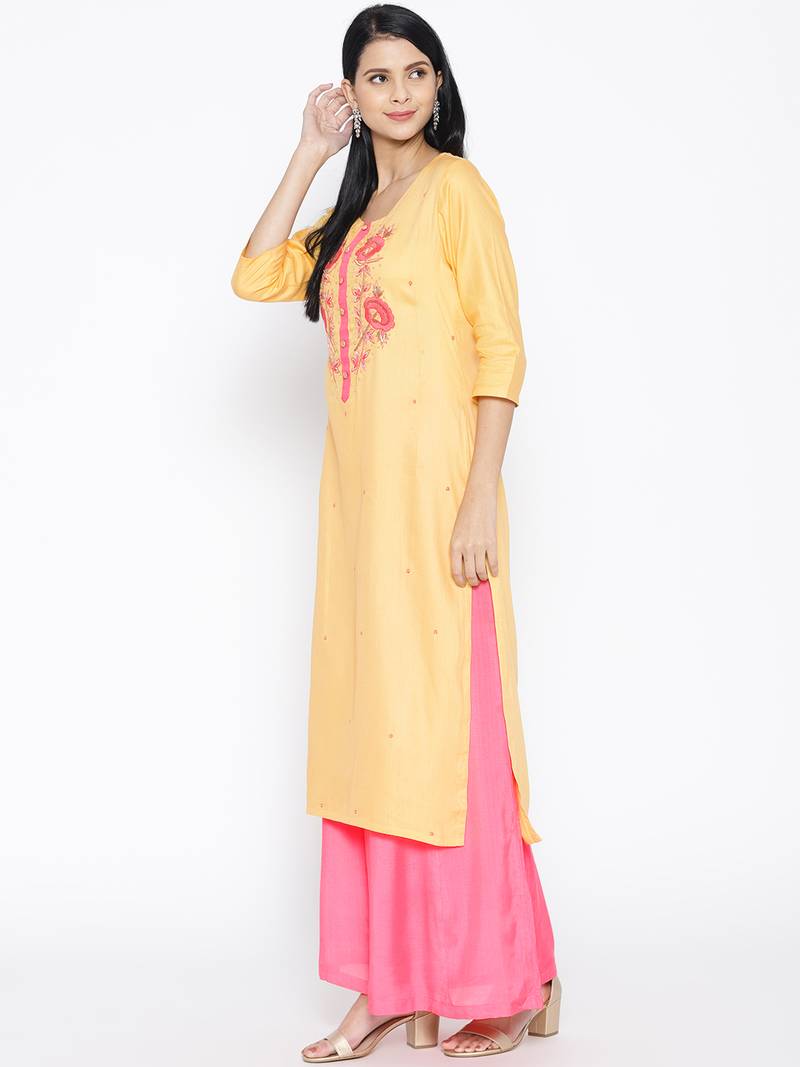 Yellow Gaji Silk Handwork Suit