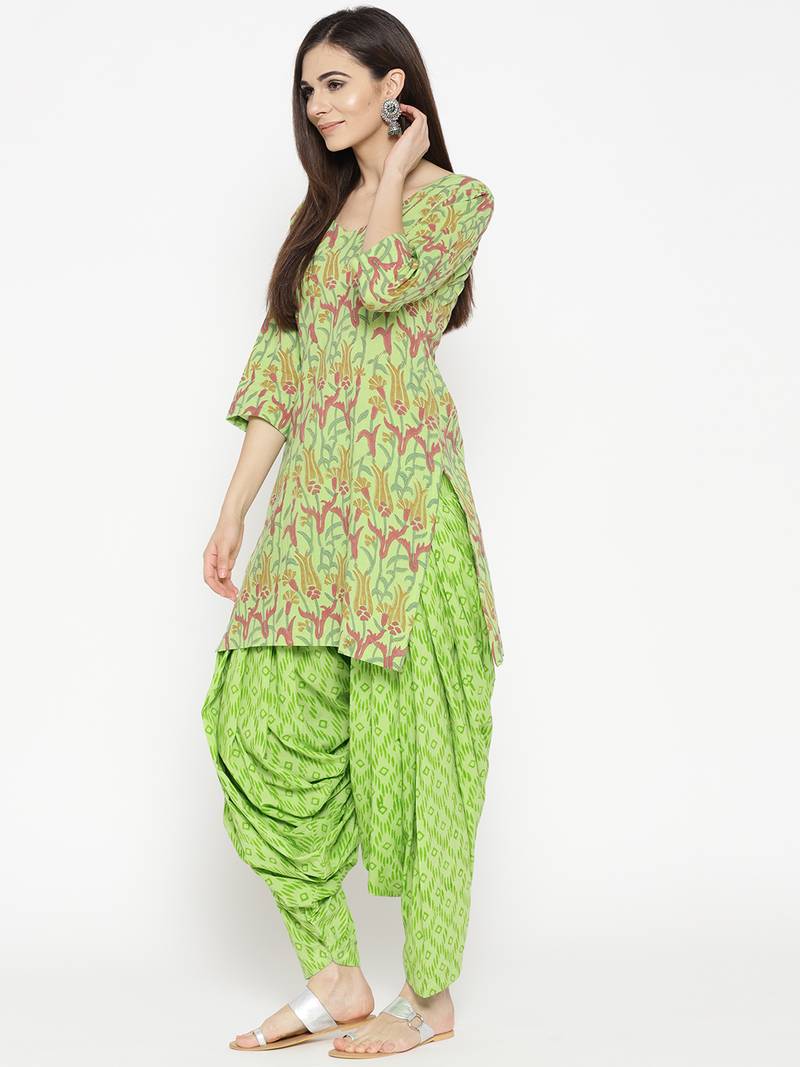 Green Handblock Print Patiala Suit Set