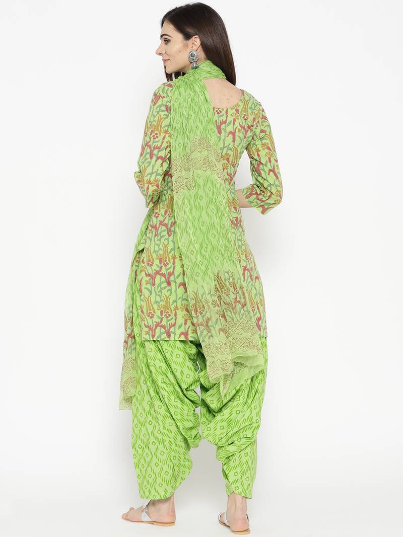 Green Handblock Print Patiala Suit Set