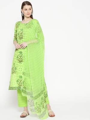 Lime Green Applique Work Mugal Block Butta Print Suit 1
