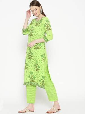 Lime Green Applique Work Mugal Block Butta Print Suit 5