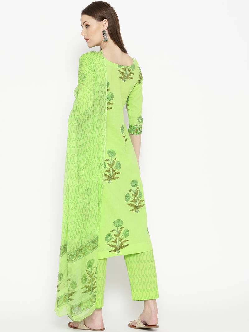 Lime Green Applique Work Mugal Block Butta Print Suit