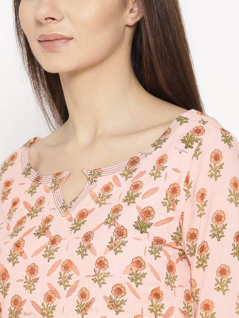 Peach Applique Work Block Butti Print Suit