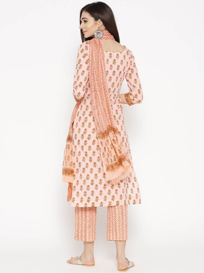 Peach Applique Work Block Butti Print Suit