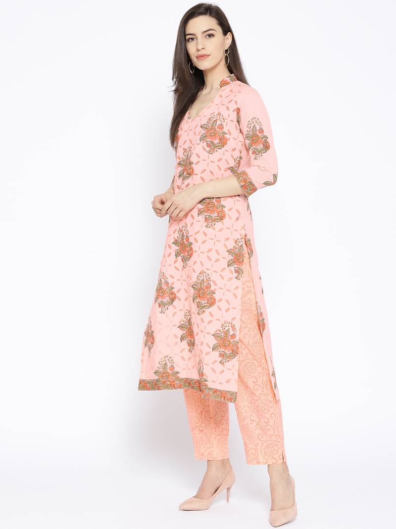 Peach Applique Work Block Butta Print Suit
