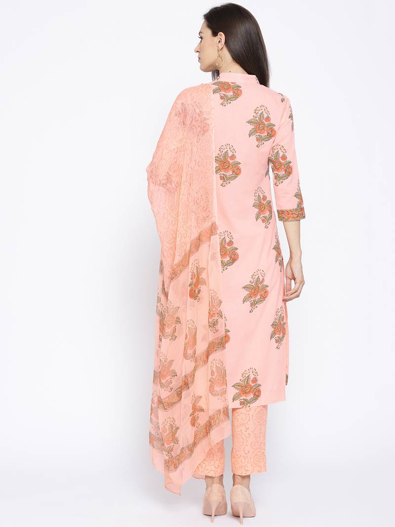 Peach Applique Work Block Butta Print Suit