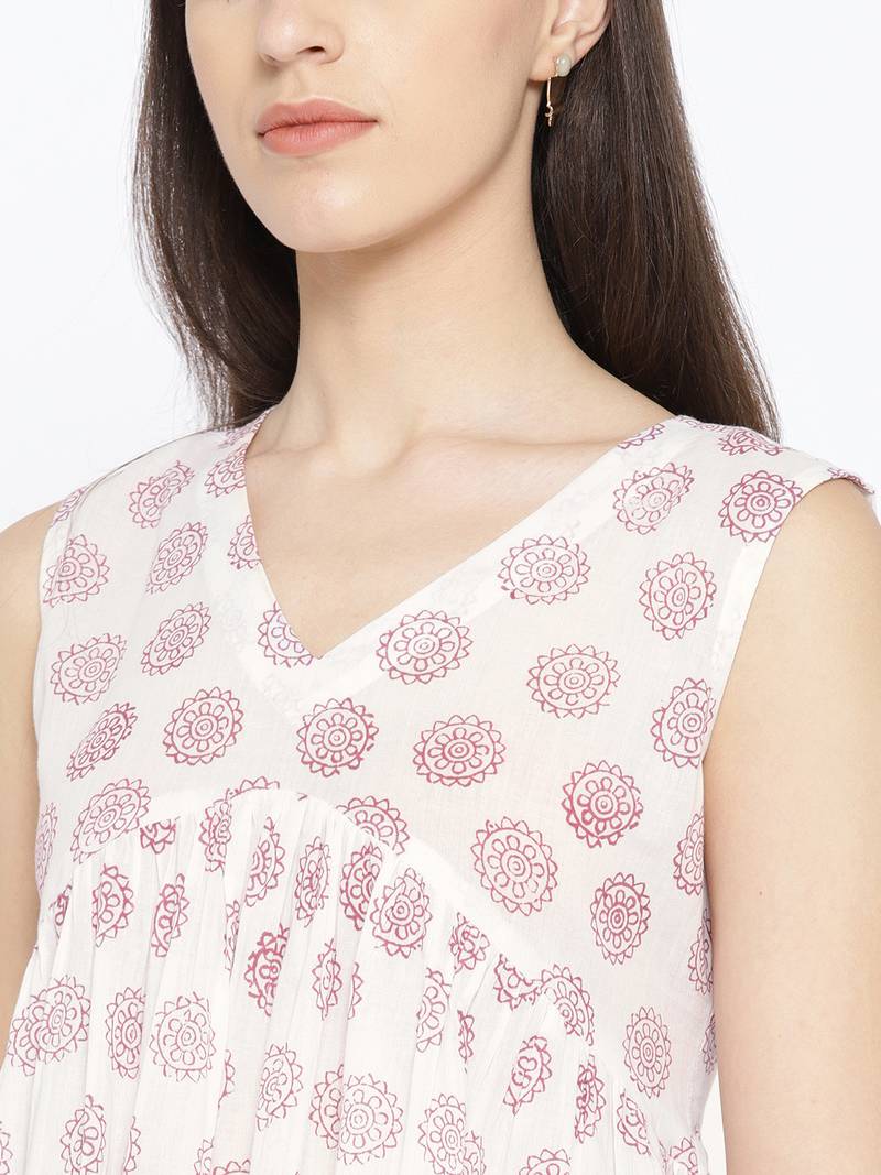 White Printed Frill Top