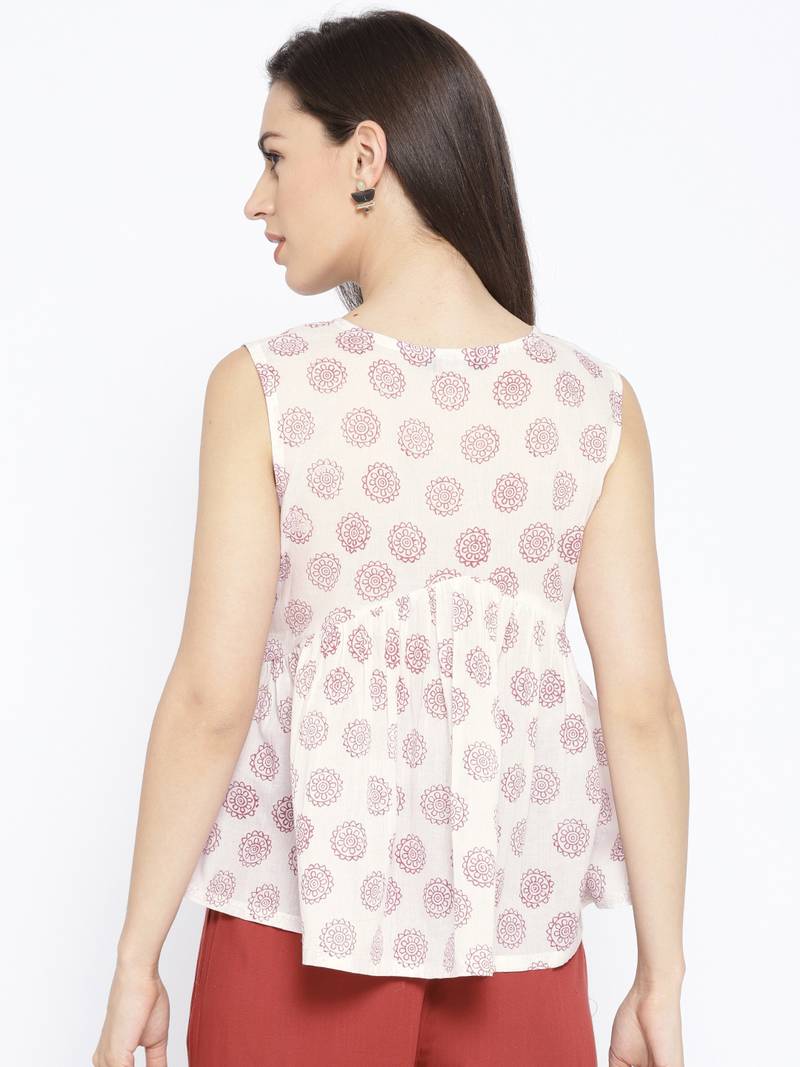 White Printed Frill Top