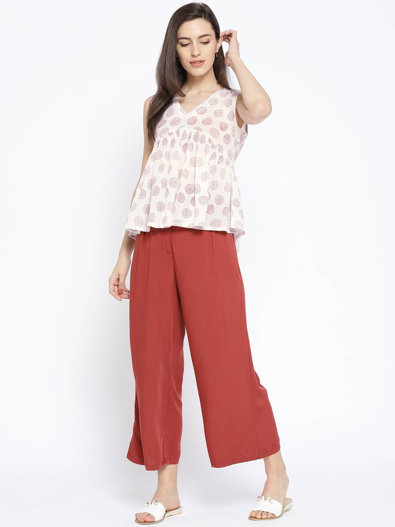 White Printed Frill Top