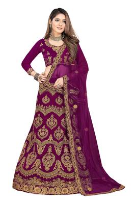 purple embroidered velvet semi stitched lehenga choli 1