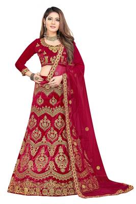 red embroidered velvet semi stitched lehenga choli 1