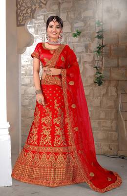 red embroidered silk blend semi stitched lehenga choli 1
